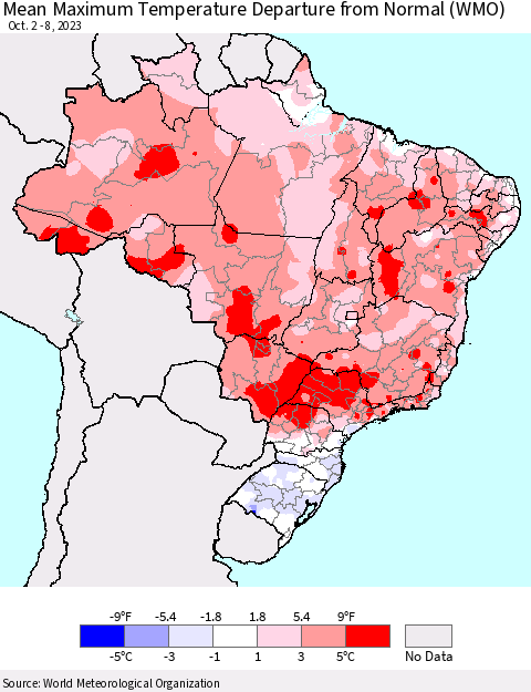 Brazil Mean Maximum Temperature Departure from Normal (WMO) Thematic Map For 10/2/2023 - 10/8/2023