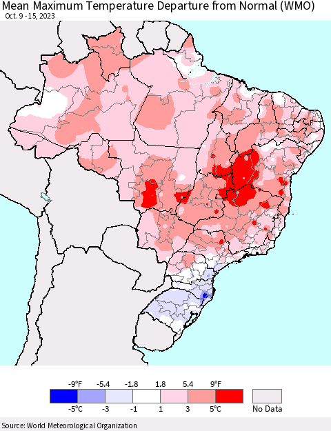 Brazil Mean Maximum Temperature Departure from Normal (WMO) Thematic Map For 10/9/2023 - 10/15/2023