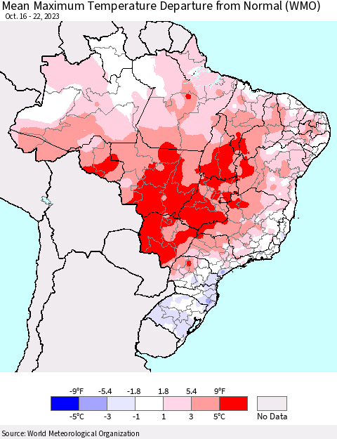 Brazil Mean Maximum Temperature Departure from Normal (WMO) Thematic Map For 10/16/2023 - 10/22/2023