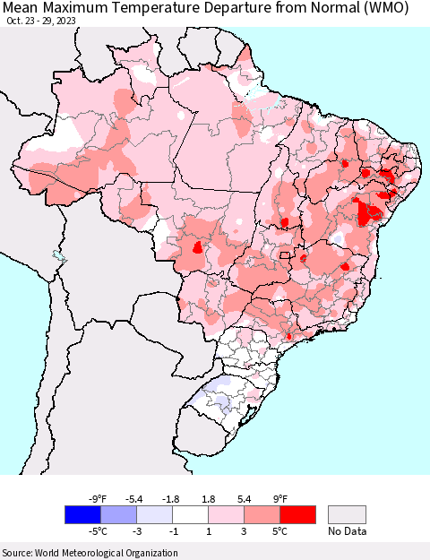 Brazil Mean Maximum Temperature Departure from Normal (WMO) Thematic Map For 10/23/2023 - 10/29/2023