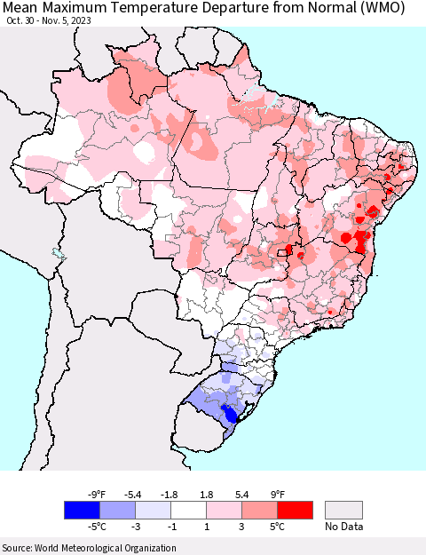 Brazil Mean Maximum Temperature Departure from Normal (WMO) Thematic Map For 10/30/2023 - 11/5/2023