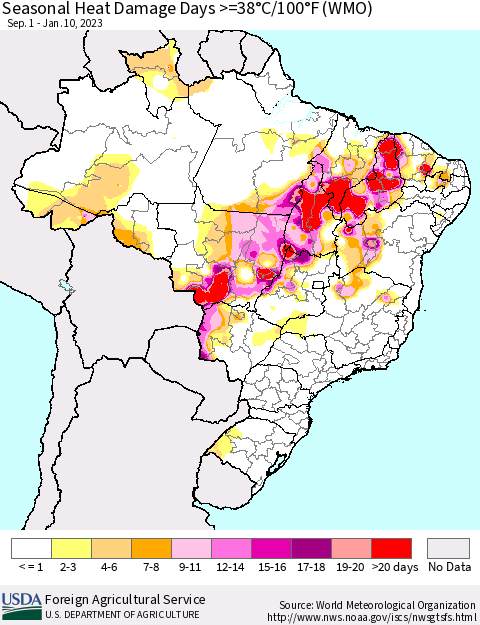 Brazil Seasonal Heat Damage Days >=38°C/100°F (WMO) Thematic Map For 9/1/2022 - 1/10/2023