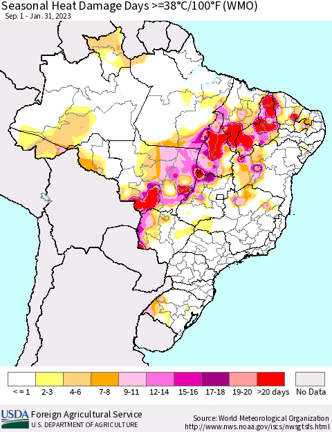 Brazil Seasonal Heat Damage Days >=38°C/100°F (WMO) Thematic Map For 9/1/2022 - 1/31/2023