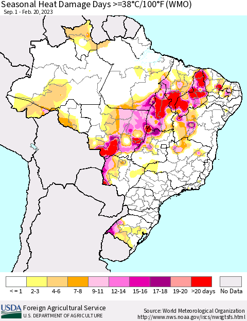 Brazil Seasonal Heat Damage Days >=38°C/100°F (WMO) Thematic Map For 9/1/2022 - 2/20/2023