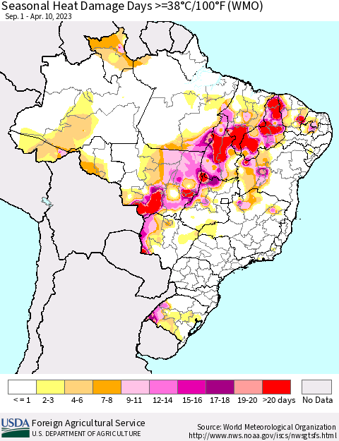Brazil Seasonal Heat Damage Days >=38°C/100°F (WMO) Thematic Map For 9/1/2022 - 4/10/2023