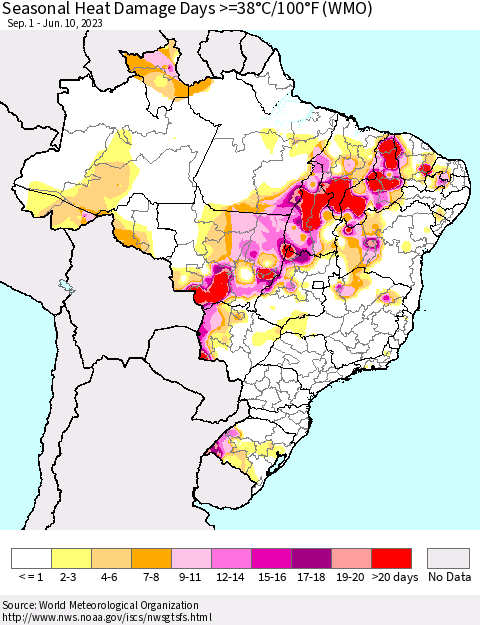 Brazil Seasonal Heat Damage Days >=38°C/100°F (WMO) Thematic Map For 9/1/2022 - 6/10/2023