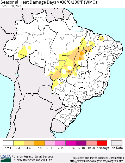 Brazil Seasonal Heat Damage Days >=38°C/100°F (WMO) Thematic Map For 9/1/2022 - 9/10/2022