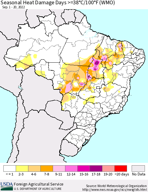 Brazil Seasonal Heat Damage Days >=38°C/100°F (WMO) Thematic Map For 9/1/2022 - 9/20/2022