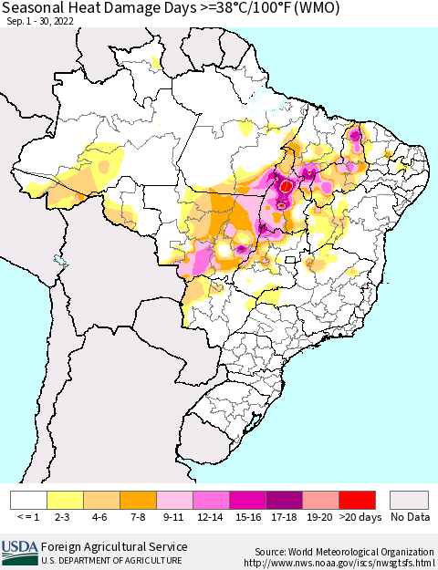 Brazil Seasonal Heat Damage Days >=38°C/100°F (WMO) Thematic Map For 9/1/2022 - 9/30/2022