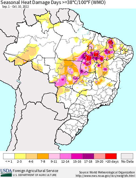 Brazil Seasonal Heat Damage Days >=38°C/100°F (WMO) Thematic Map For 9/1/2022 - 10/10/2022