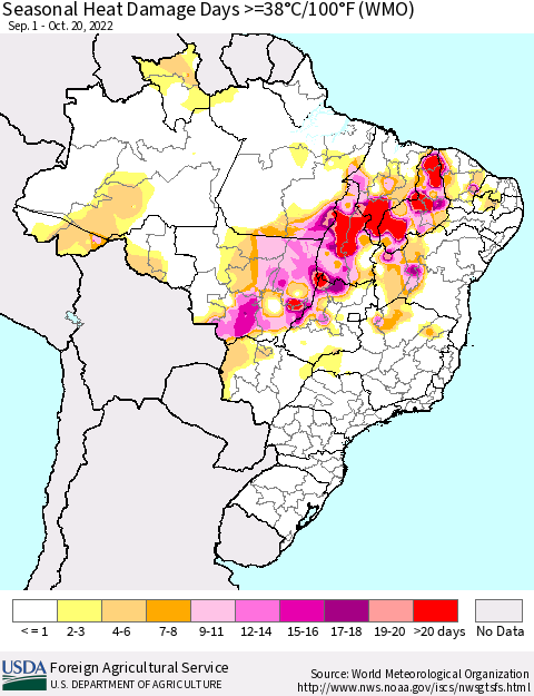 Brazil Seasonal Heat Damage Days >=38°C/100°F (WMO) Thematic Map For 9/1/2022 - 10/20/2022