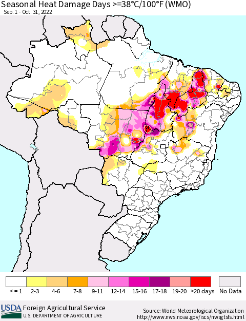 Brazil Seasonal Heat Damage Days >=38°C/100°F (WMO) Thematic Map For 9/1/2022 - 10/31/2022