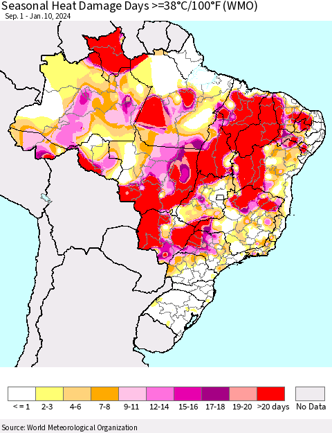 Brazil Seasonal Heat Damage Days >=38°C/100°F (WMO) Thematic Map For 9/1/2023 - 1/10/2024
