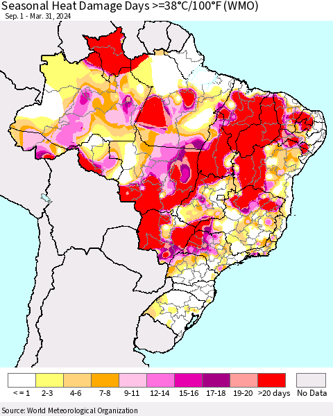 Brazil Seasonal Heat Damage Days >=38°C/100°F (WMO) Thematic Map For 9/1/2023 - 3/31/2024