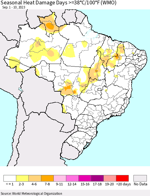 Brazil Seasonal Heat Damage Days >=38°C/100°F (WMO) Thematic Map For 9/1/2023 - 9/10/2023