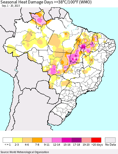 Brazil Seasonal Heat Damage Days >=38°C/100°F (WMO) Thematic Map For 9/1/2023 - 9/20/2023