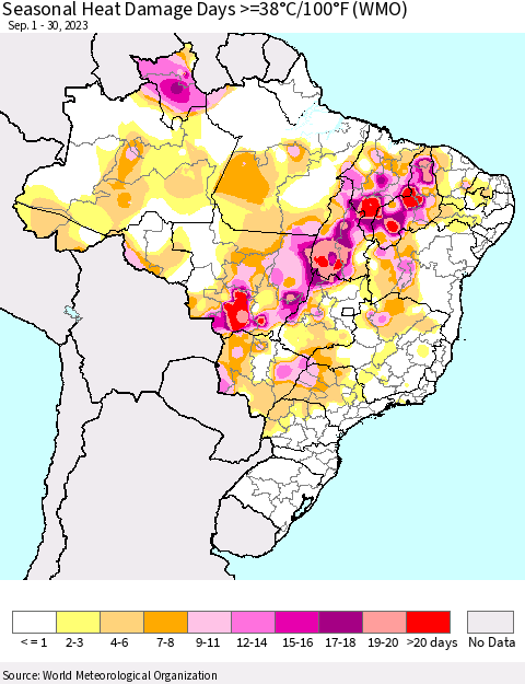 Brazil Seasonal Heat Damage Days >=38°C/100°F (WMO) Thematic Map For 9/1/2023 - 9/30/2023