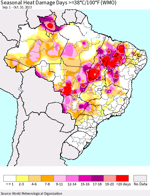 Brazil Seasonal Heat Damage Days >=38°C/100°F (WMO) Thematic Map For 9/1/2023 - 10/10/2023