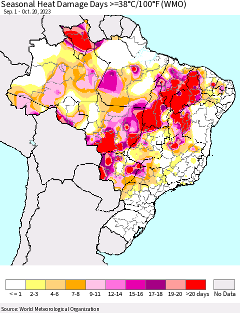 Brazil Seasonal Heat Damage Days >=38°C/100°F (WMO) Thematic Map For 9/1/2023 - 10/20/2023