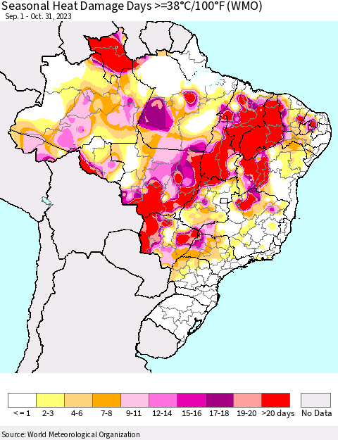 Brazil Seasonal Heat Damage Days >=38°C/100°F (WMO) Thematic Map For 9/1/2023 - 10/31/2023