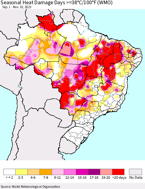 Brazil Seasonal Heat Damage Days >=38°C/100°F (WMO) Thematic Map For 9/1/2023 - 11/10/2023