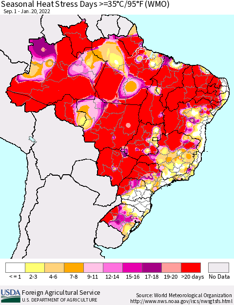 Brazil Seasonal Heat Stress Days >=35°C/95°F (WMO) Thematic Map For 9/1/2021 - 1/20/2022