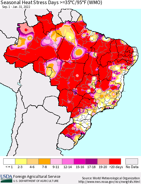 Brazil Seasonal Heat Stress Days >=35°C/95°F (WMO) Thematic Map For 9/1/2021 - 1/31/2022