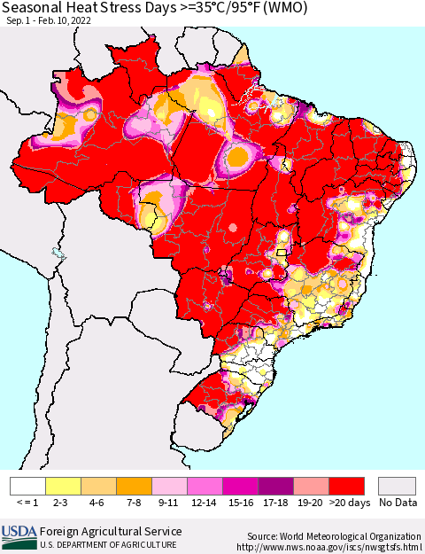Brazil Seasonal Heat Stress Days >=35°C/95°F (WMO) Thematic Map For 9/1/2021 - 2/10/2022
