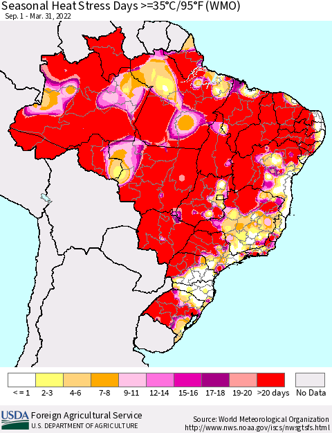 Brazil Seasonal Heat Stress Days >=35°C/95°F (WMO) Thematic Map For 9/1/2021 - 3/31/2022