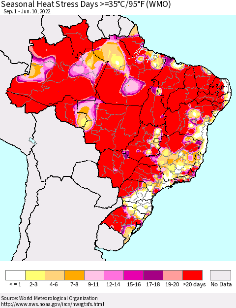 Brazil Seasonal Heat Stress Days >=35°C/95°F (WMO) Thematic Map For 9/1/2021 - 6/10/2022