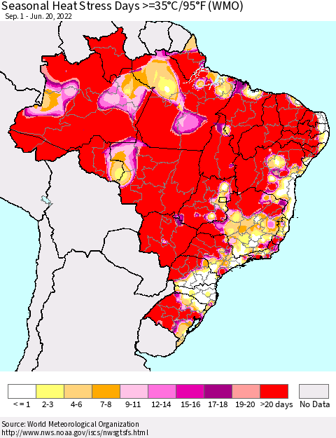 Brazil Seasonal Heat Stress Days >=35°C/95°F (WMO) Thematic Map For 9/1/2021 - 6/20/2022
