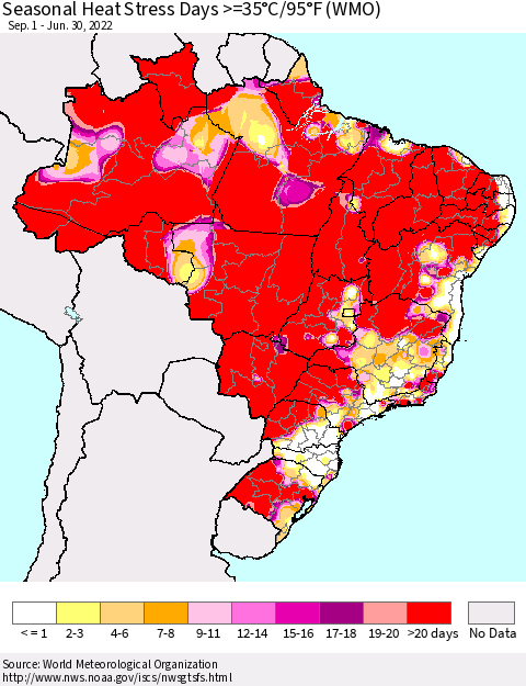 Brazil Seasonal Heat Stress Days >=35°C/95°F (WMO) Thematic Map For 9/1/2021 - 6/30/2022