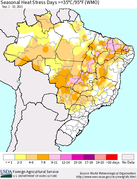 Brazil Seasonal Heat Stress Days >=35°C/95°F (WMO) Thematic Map For 9/1/2021 - 9/10/2021