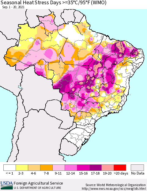 Brazil Seasonal Heat Stress Days >=35°C/95°F (WMO) Thematic Map For 9/1/2021 - 9/20/2021
