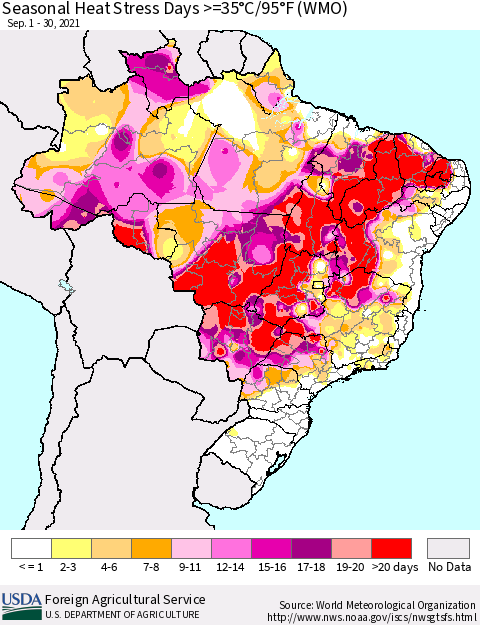 Brazil Seasonal Heat Stress Days >=35°C/95°F (WMO) Thematic Map For 9/1/2021 - 9/30/2021