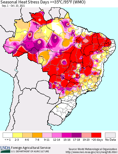 Brazil Seasonal Heat Stress Days >=35°C/95°F (WMO) Thematic Map For 9/1/2021 - 10/10/2021