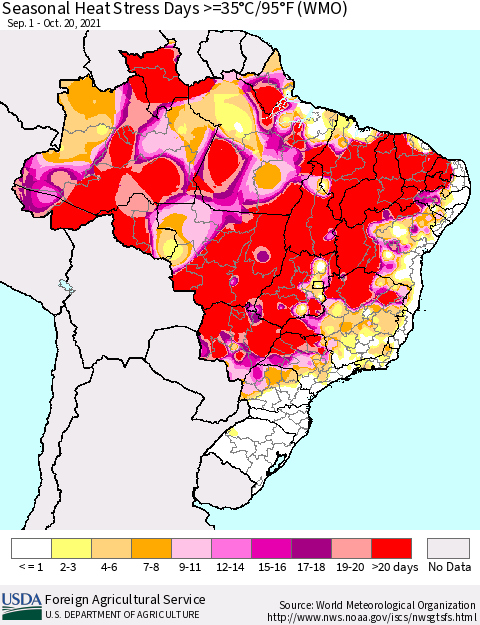 Brazil Seasonal Heat Stress Days >=35°C/95°F (WMO) Thematic Map For 9/1/2021 - 10/20/2021