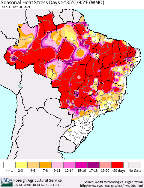 Brazil Seasonal Heat Stress Days >=35°C/95°F (WMO) Thematic Map For 9/1/2021 - 10/31/2021