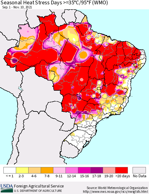 Brazil Seasonal Heat Stress Days >=35°C/95°F (WMO) Thematic Map For 9/1/2021 - 11/10/2021