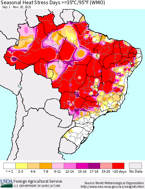 Brazil Seasonal Heat Stress Days >=35°C/95°F (WMO) Thematic Map For 9/1/2021 - 11/20/2021