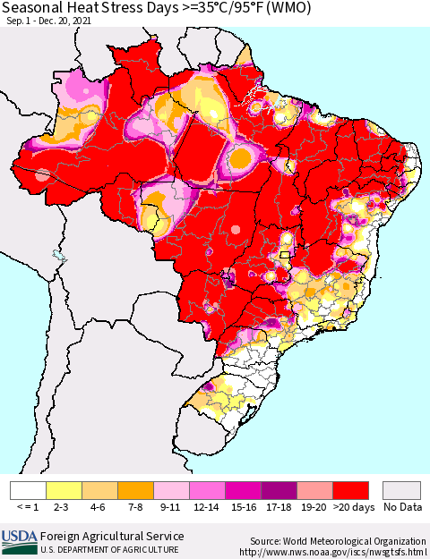 Brazil Seasonal Heat Stress Days >=35°C/95°F (WMO) Thematic Map For 9/1/2021 - 12/20/2021