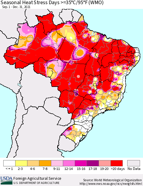 Brazil Seasonal Heat Stress Days >=35°C/95°F (WMO) Thematic Map For 9/1/2021 - 12/31/2021
