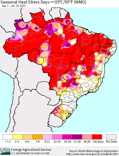 Brazil Seasonal Heat Stress Days >=35°C/95°F (WMO) Thematic Map For 9/1/2022 - 1/10/2023