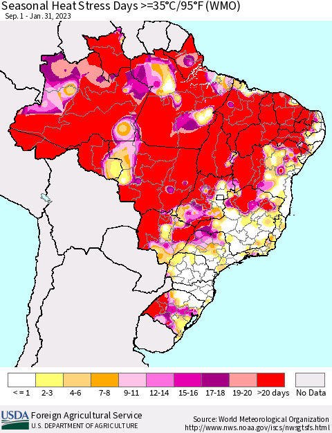 Brazil Seasonal Heat Stress Days >=35°C/95°F (WMO) Thematic Map For 9/1/2022 - 1/31/2023