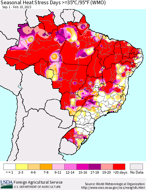 Brazil Seasonal Heat Stress Days >=35°C/95°F (WMO) Thematic Map For 9/1/2022 - 2/10/2023