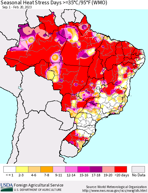 Brazil Seasonal Heat Stress Days >=35°C/95°F (WMO) Thematic Map For 9/1/2022 - 2/20/2023