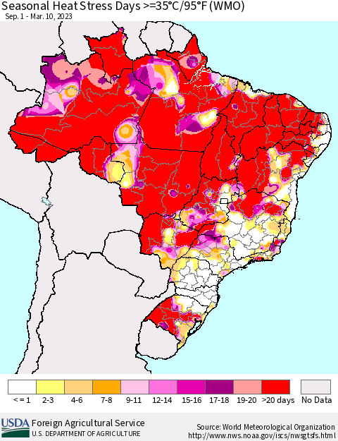 Brazil Seasonal Heat Stress Days >=35°C/95°F (WMO) Thematic Map For 9/1/2022 - 3/10/2023