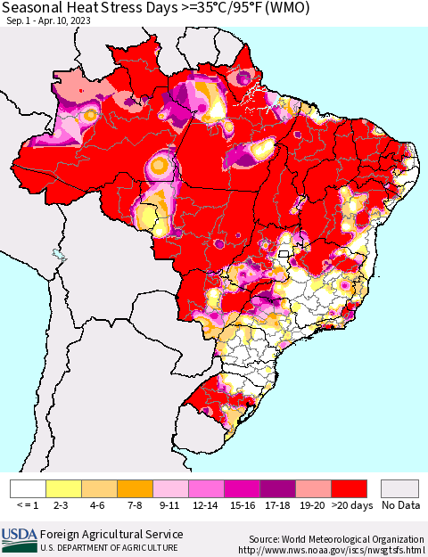 Brazil Seasonal Heat Stress Days >=35°C/95°F (WMO) Thematic Map For 9/1/2022 - 4/10/2023