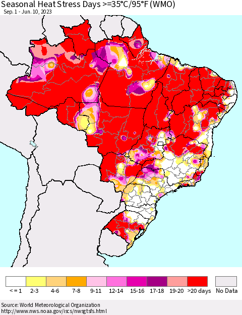 Brazil Seasonal Heat Stress Days >=35°C/95°F (WMO) Thematic Map For 9/1/2022 - 6/10/2023