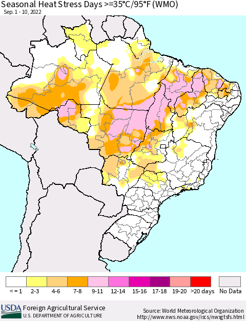 Brazil Seasonal Heat Stress Days >=35°C/95°F (WMO) Thematic Map For 9/1/2022 - 9/10/2022